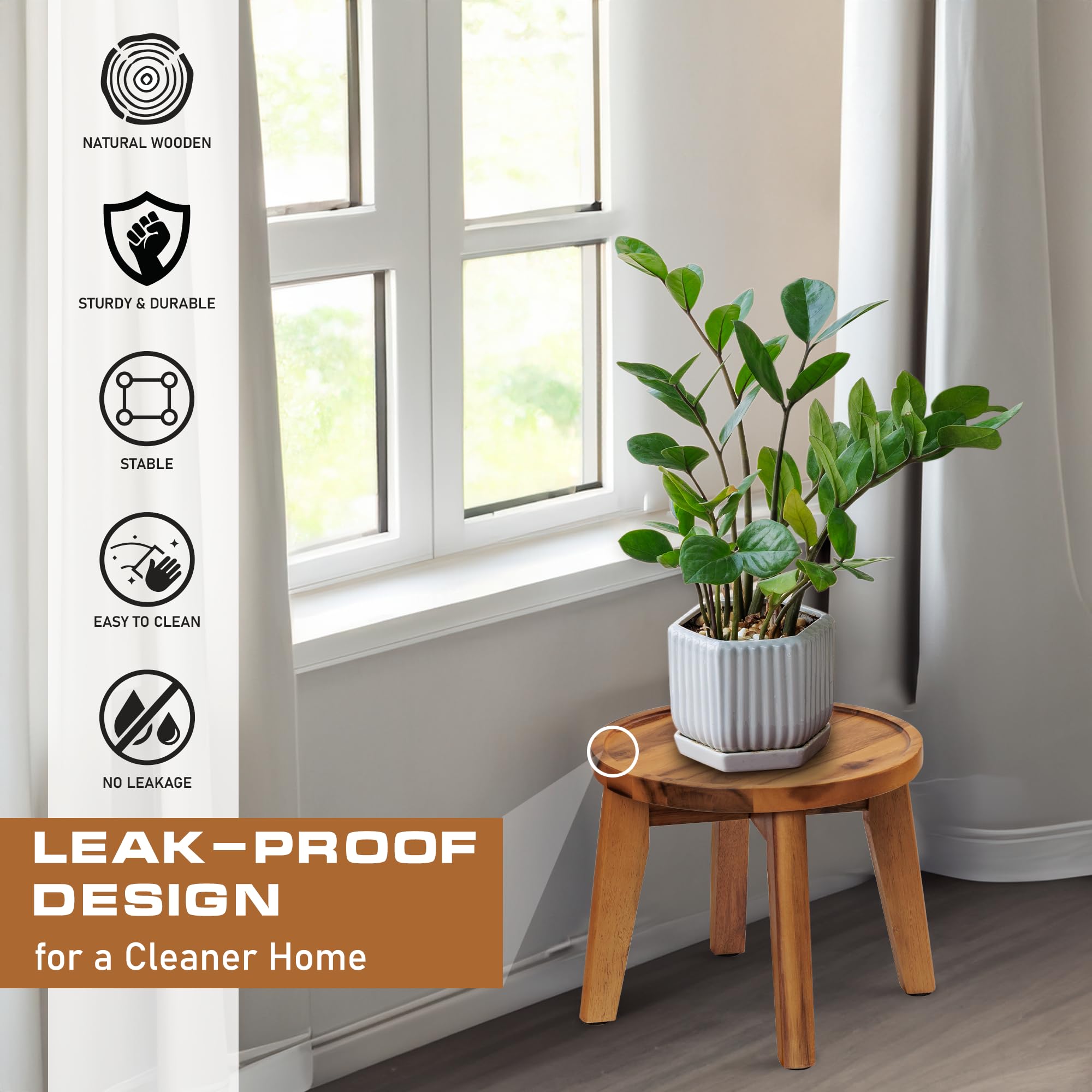 Demigo plant stand in use with potted fern keeps plant elevated and safe