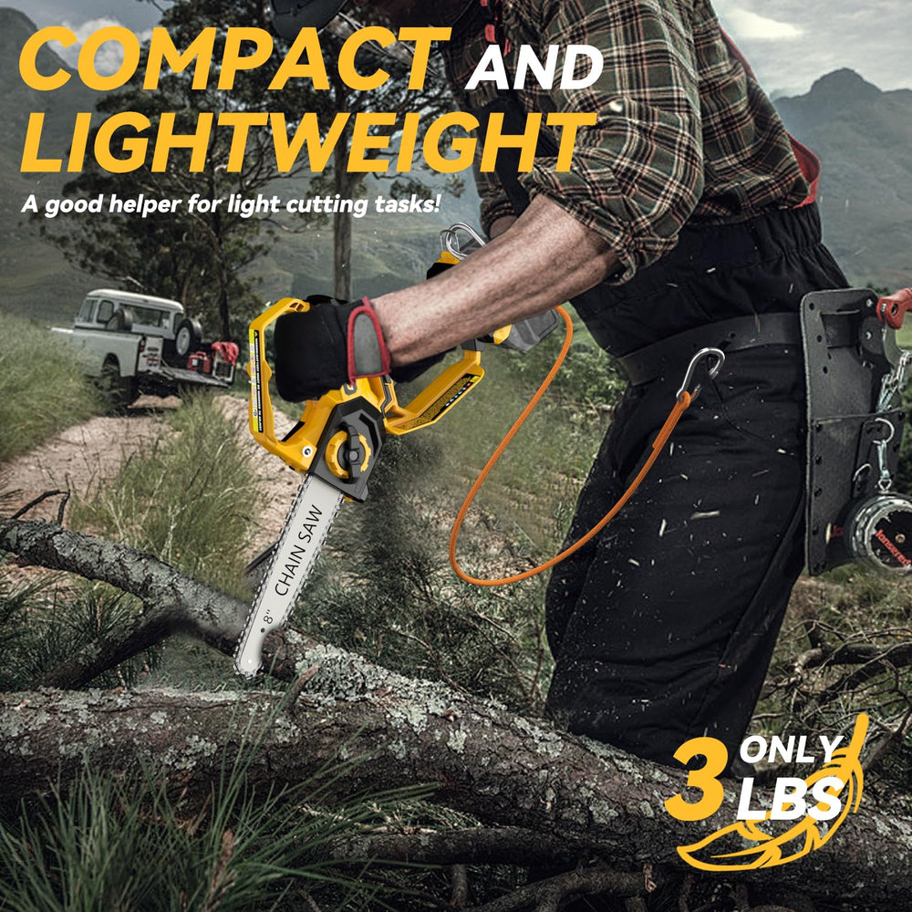 DEMIMA mini chainsaw cutting a branch in a garden showing efficient pruning performance
