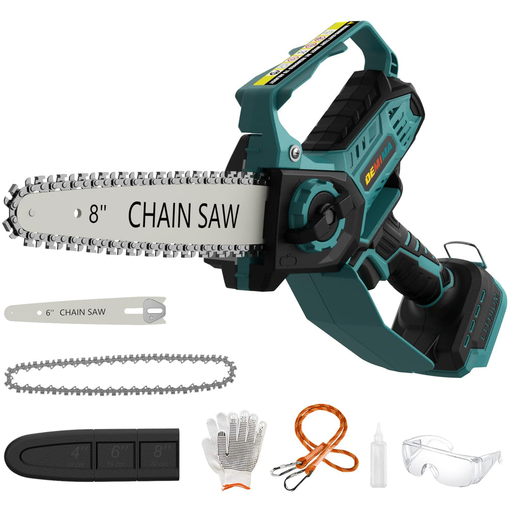 DEMIMA mini chainsaw front angle showing compact design and balance
