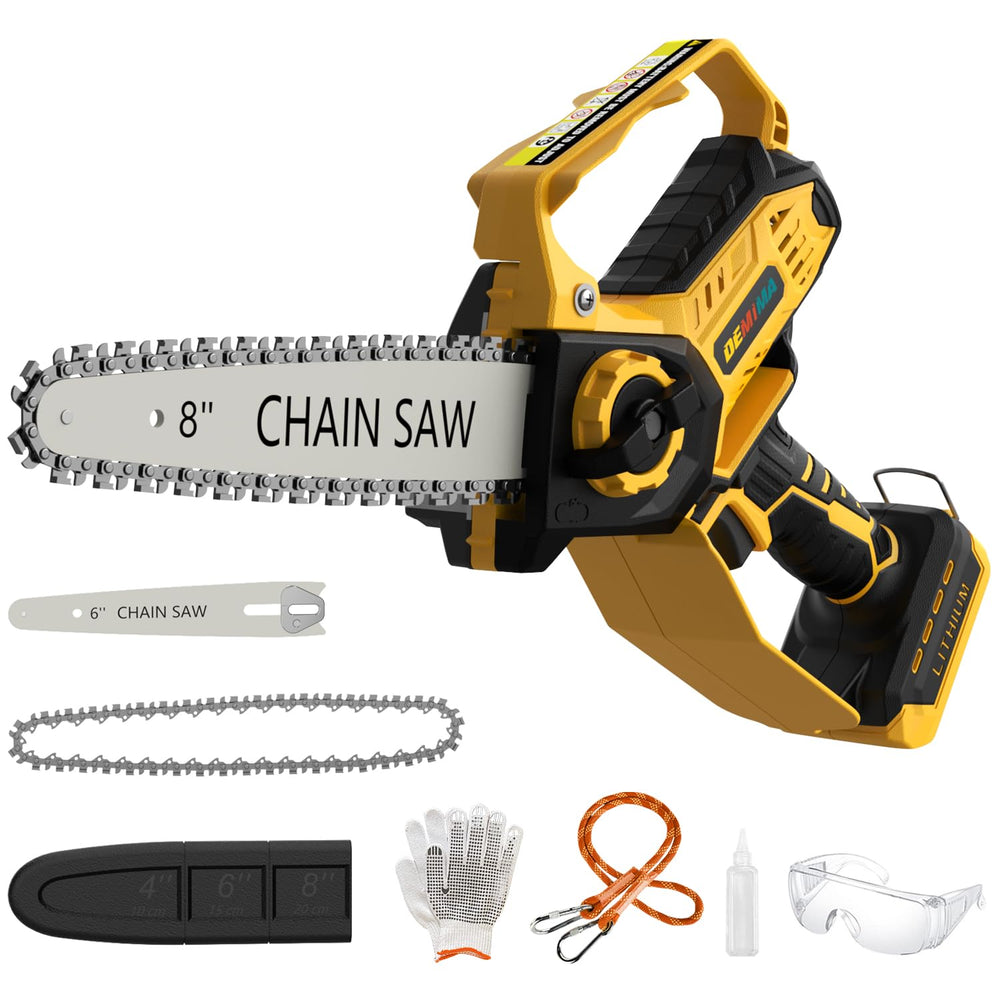 DEMIMA front view of mini chainsaw showcasing compact design and controls for easy handling