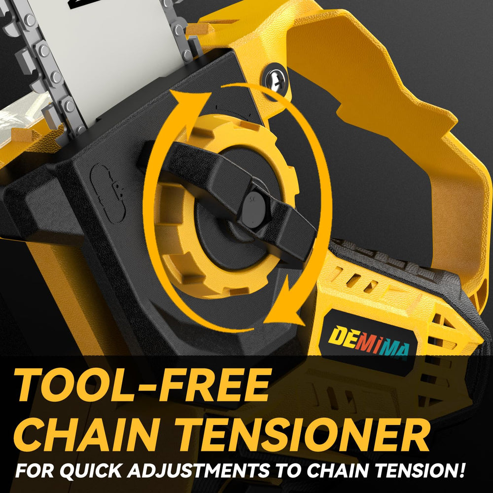 DEMIMA tool-free chain tensioner detail for quick adjustments and safer operation