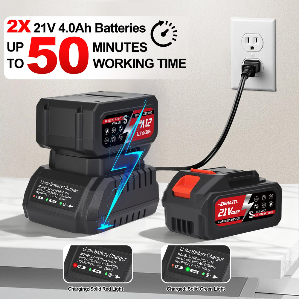 Denaztl two batteries and charger laid out for long runtime and quick recharge