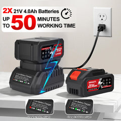 Denaztl two batteries and charger laid out for long runtime and quick recharge