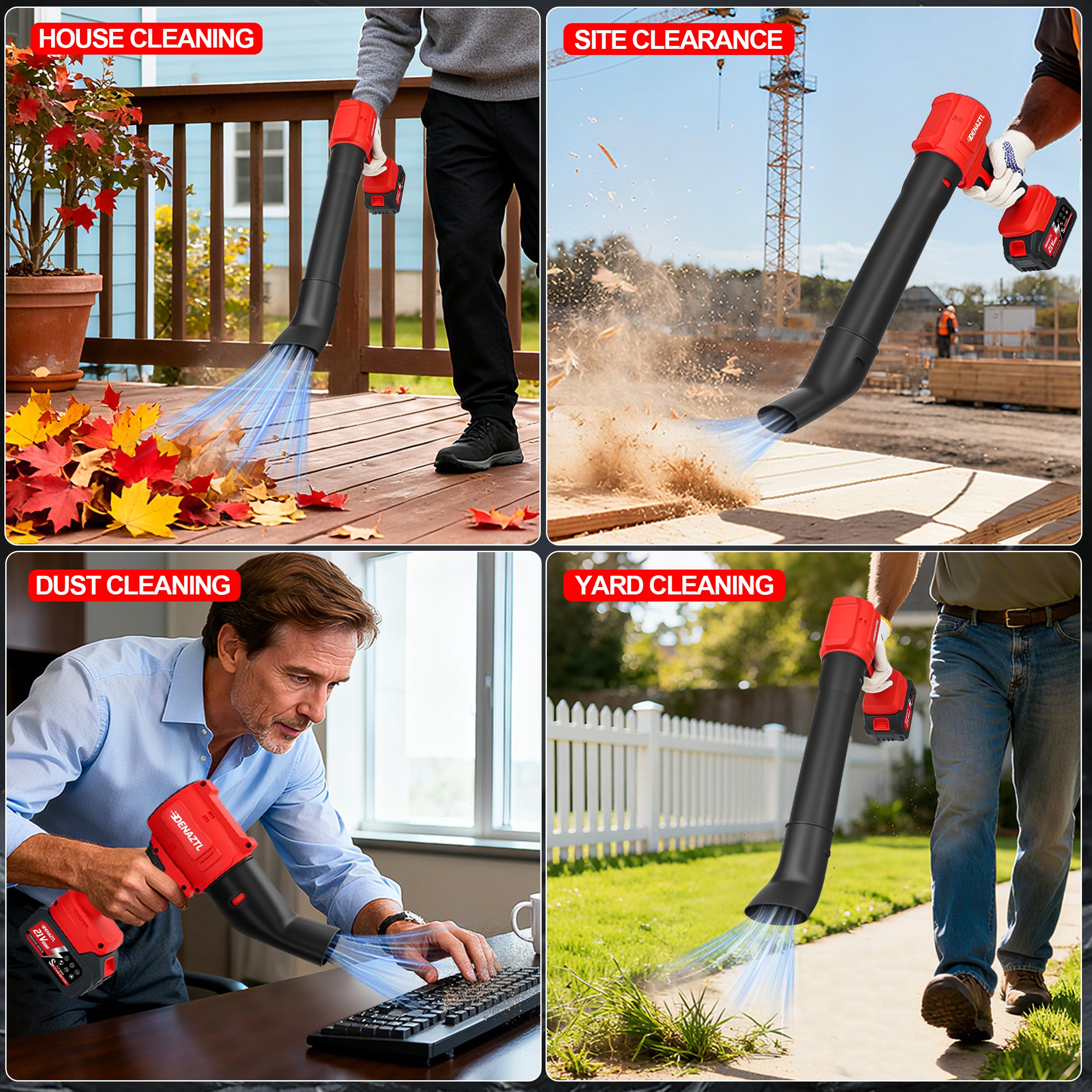 Denaztl in use blowing leaves from lawn for faster outdoor maintenance