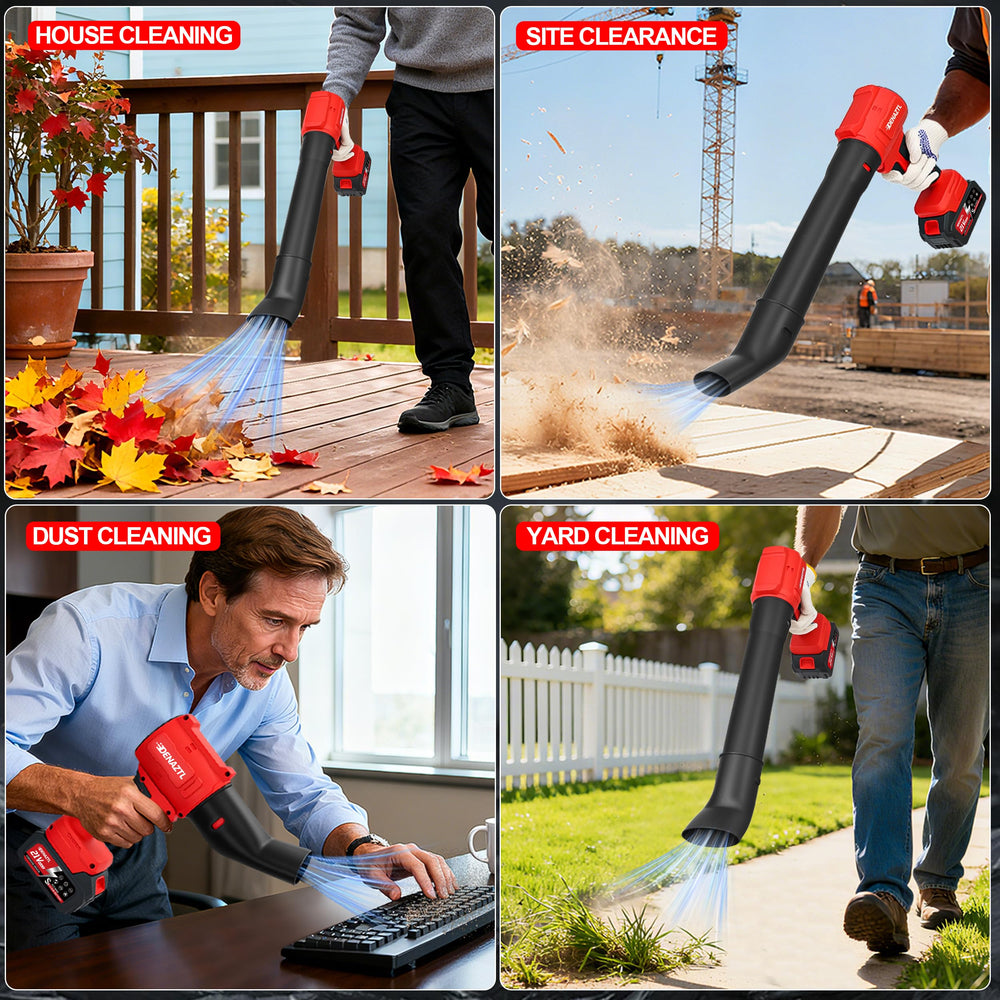 Denaztl in use blowing leaves from lawn for faster outdoor maintenance