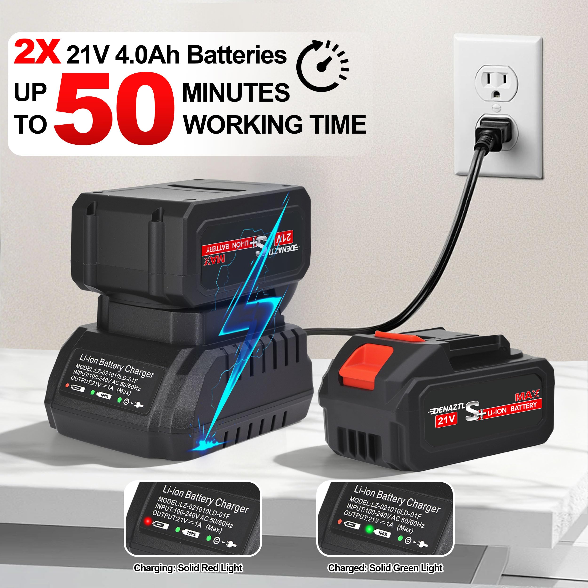 Denaztl two batteries and charger highlighting extended runtime benefit