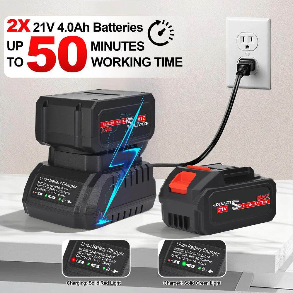 Denaztl two batteries and charger highlighting extended runtime benefit