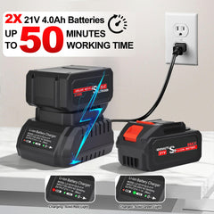 Denaztl two batteries and charger highlighting extended runtime benefit