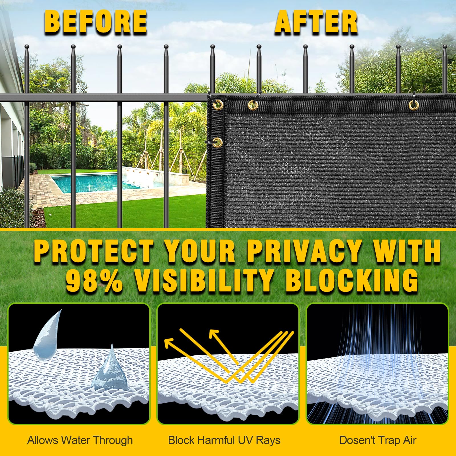 DenForste privacy screen installed on chain-link fence offering instant backyard privacy