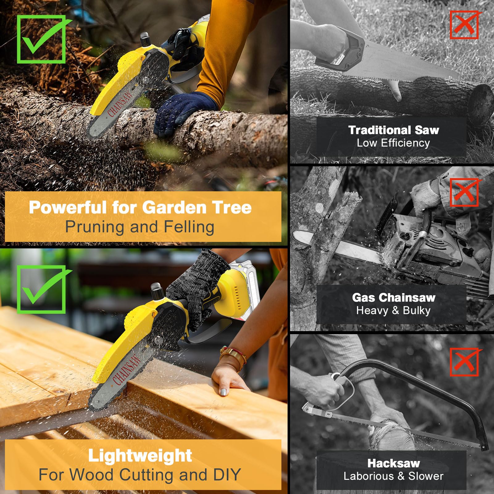 denqir mini chainsaw held in one hand showing scale and easy single-hand control