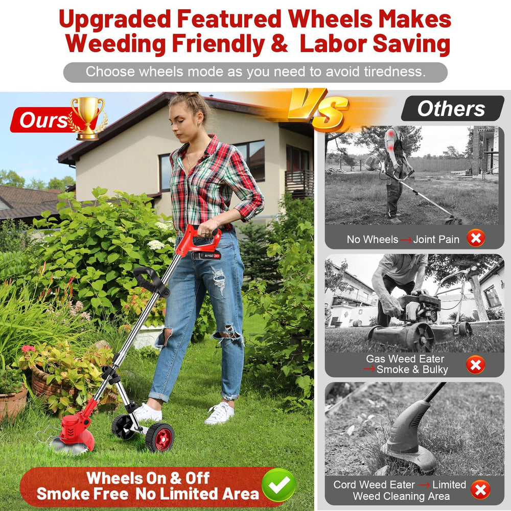 denqir wheeled string trimmer in action for more efficient edging