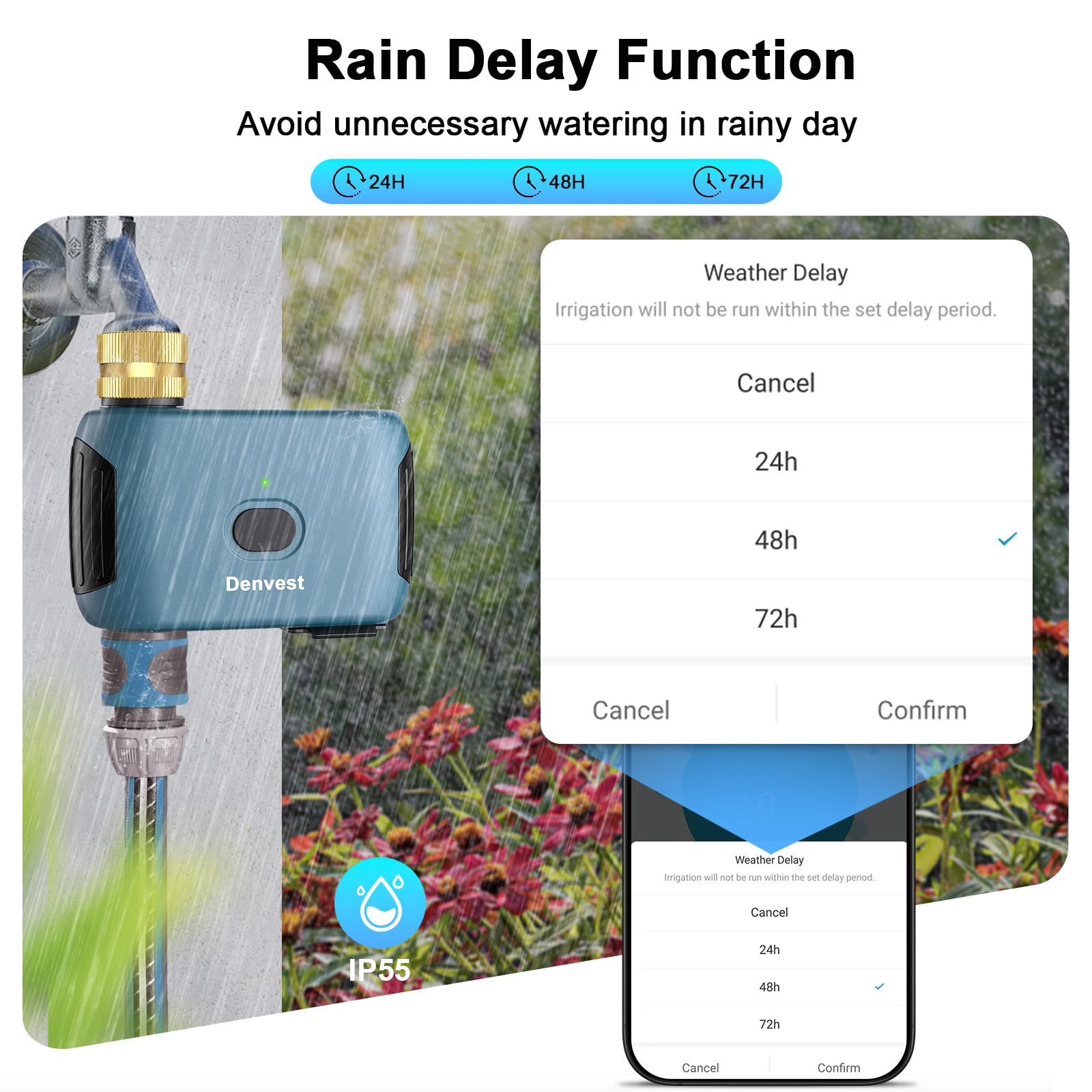 Denvest mounted on hose faucet delivering automated watering to garden beds