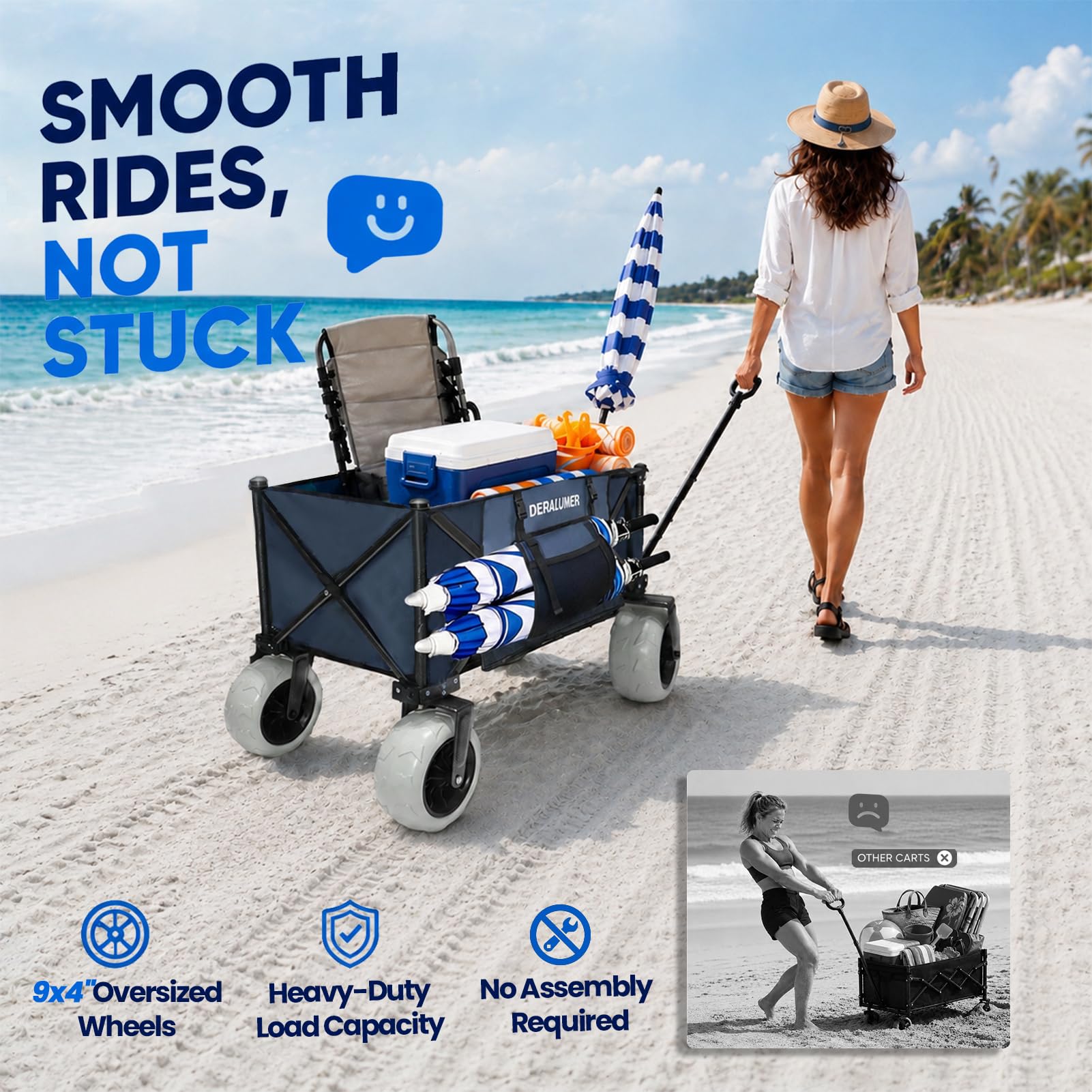 Deralumer X800 carrying coolers and chairs on sand for effortless hauling