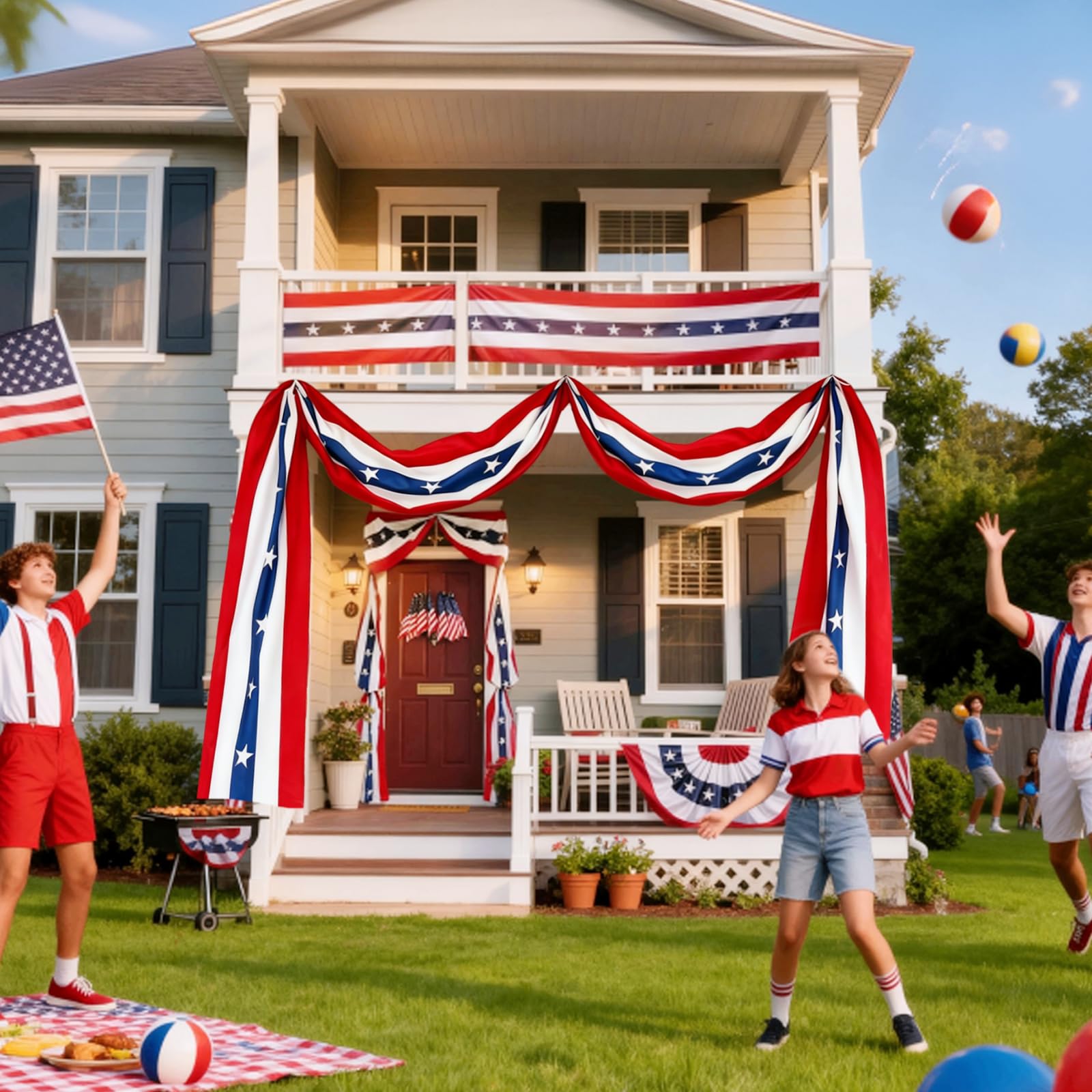 DERJLY bunting hung on front porch railing to create welcoming decoration