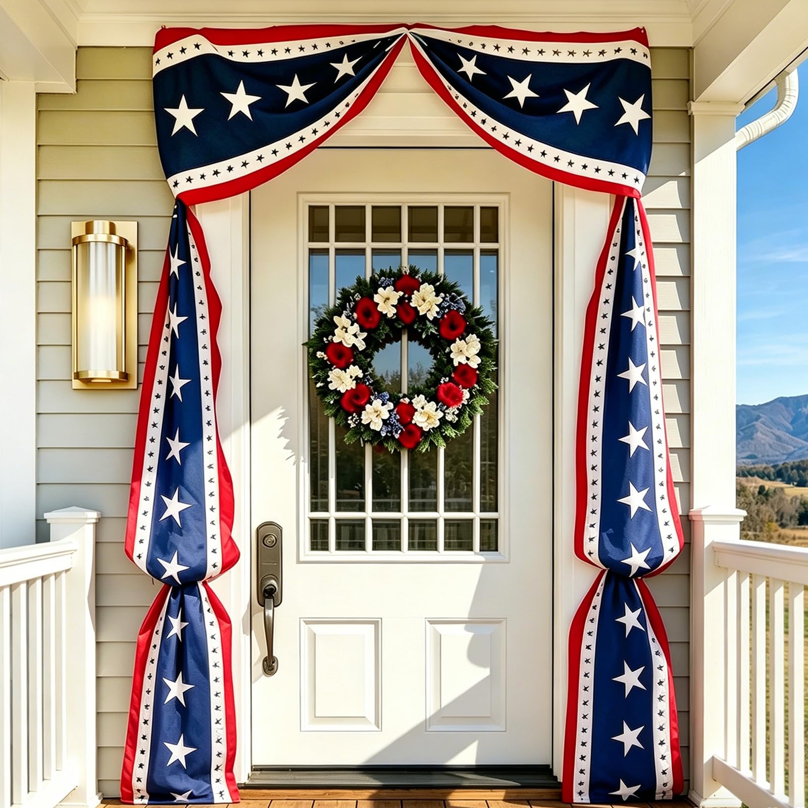 DERJLY front view banner on porch showing bold patriotic curb appeal