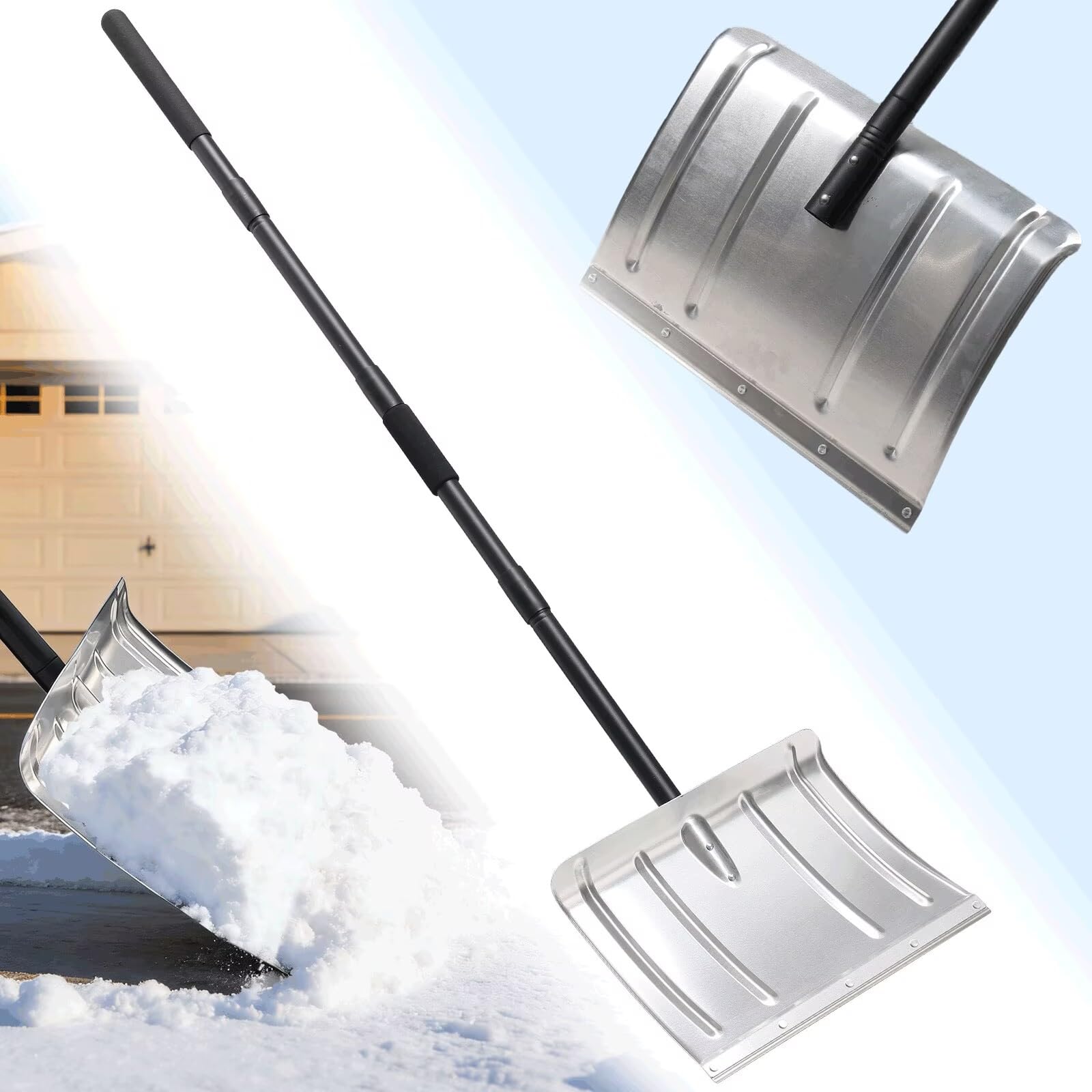 DEROFIT front view of aluminum snow pusher showing full blade and handle, fast clearing