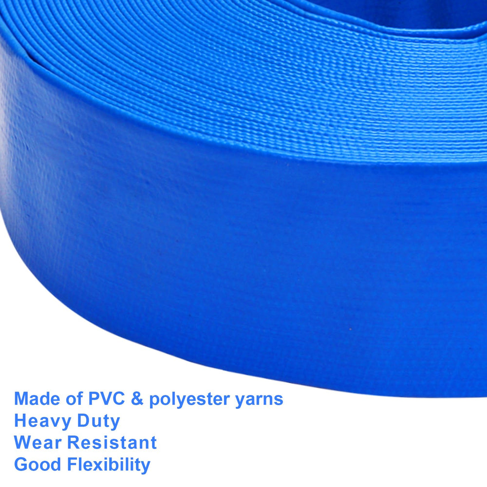DERPIPE hose rolled flat next to a standard bucket illustrating compact, space-saving storage