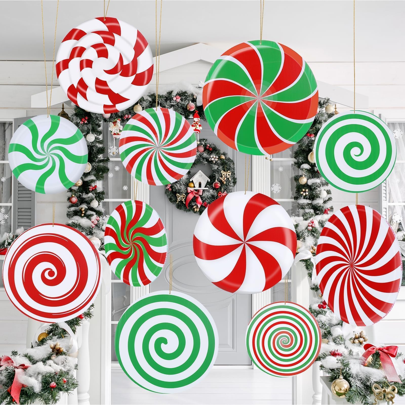 DERTE front view of large double-sided candy ornament showing festive design and curb appeal