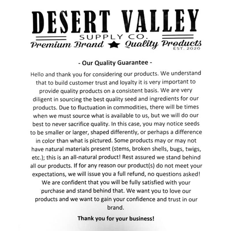 Desert Valley Supply label close-up showing animal-grade marking and safe feed benefit