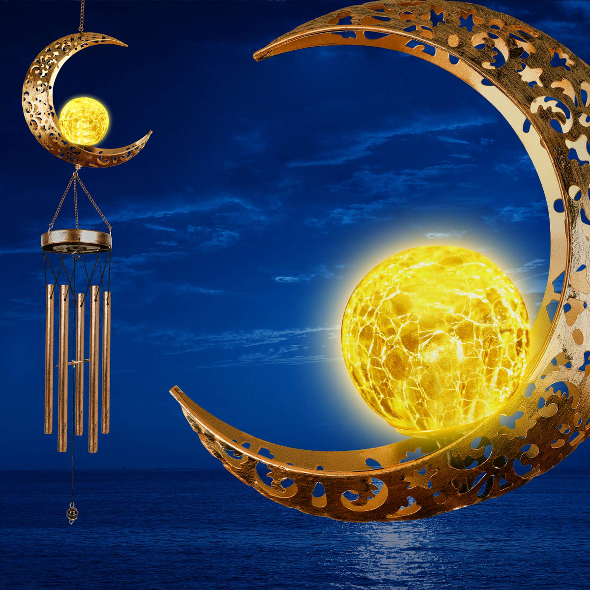 DesGully front view of solar wind chime showing full 42-inch design and hanging ring for easy mounting