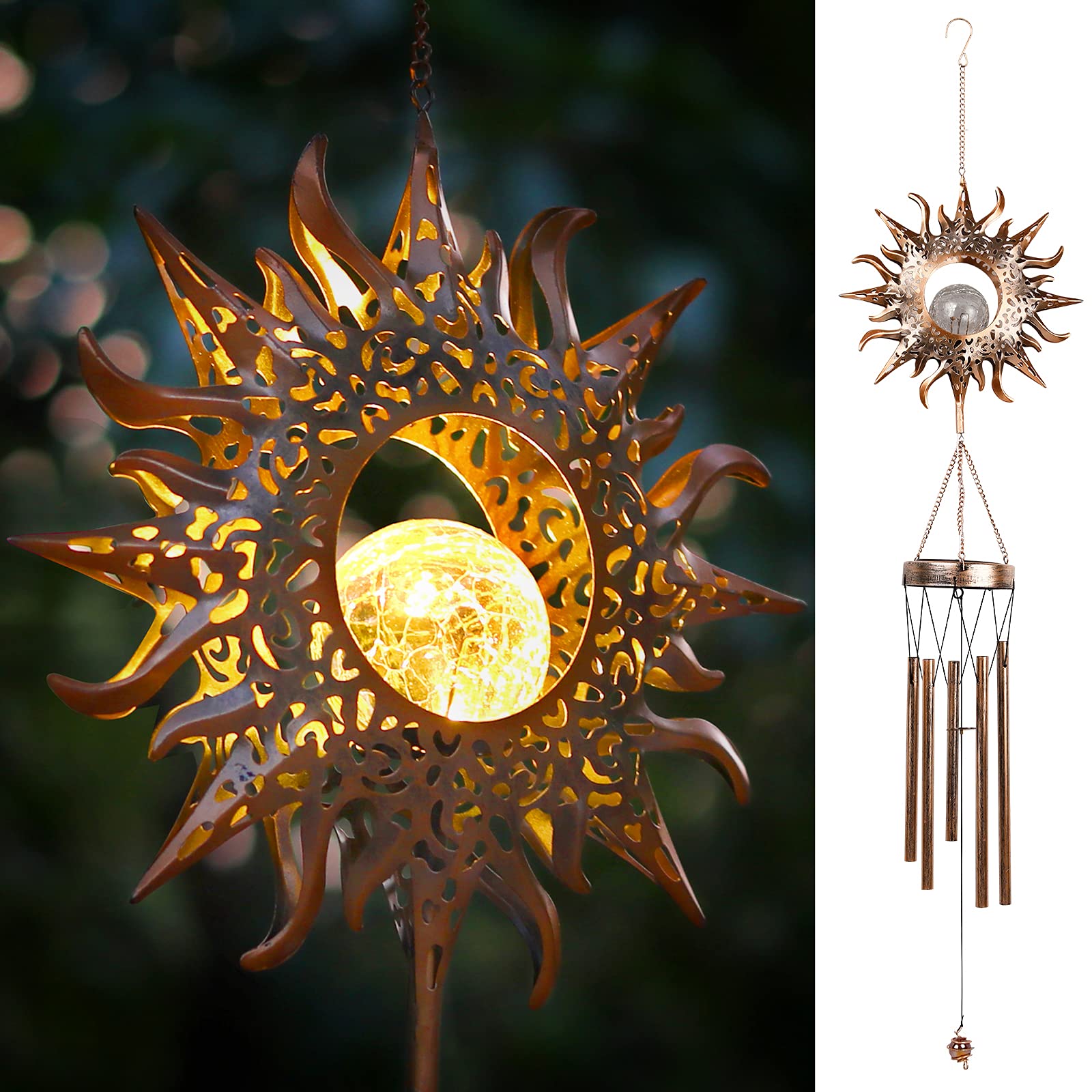 DesGully front view sun wind chime showing full 42-inch design and decorative appeal