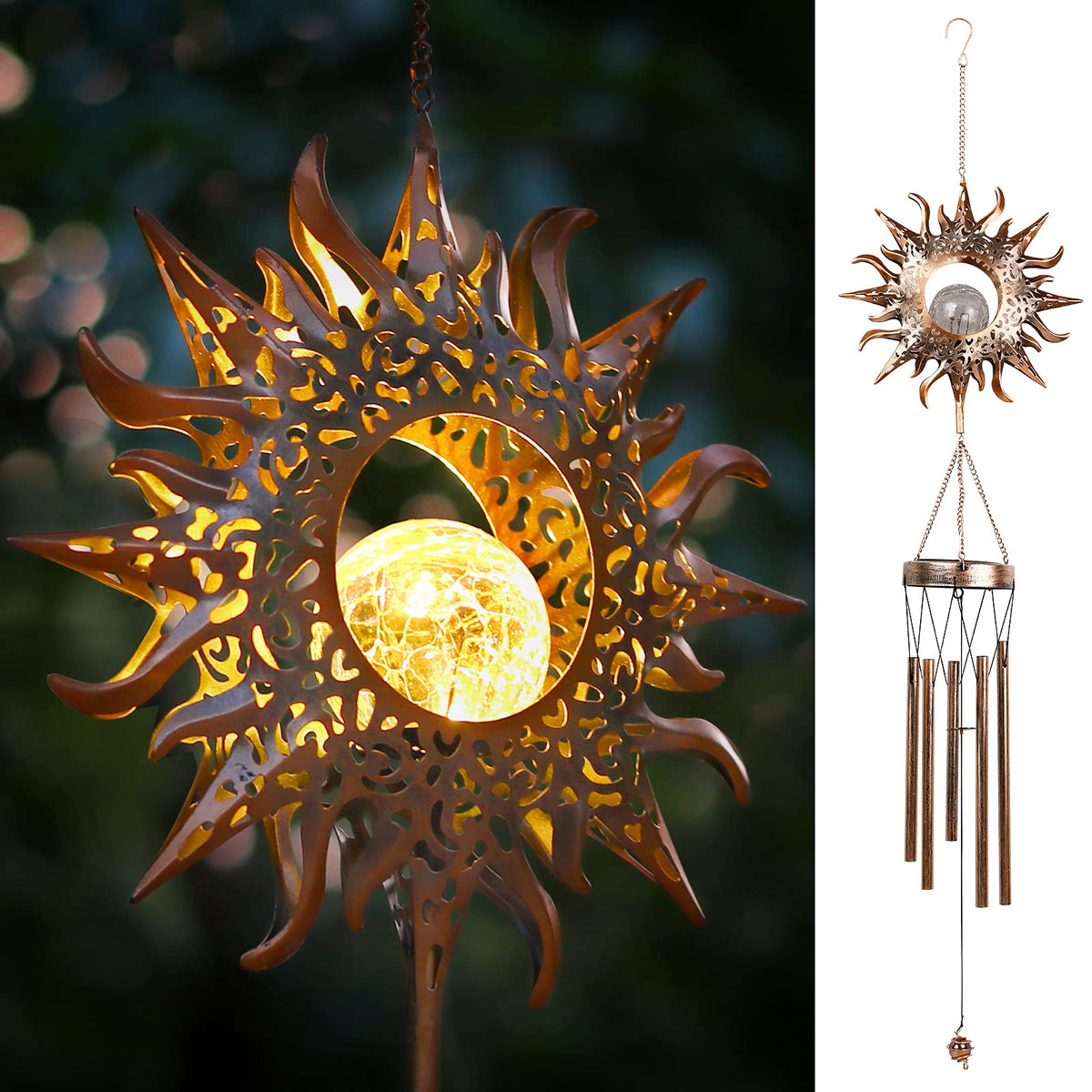 DesGully front view sun wind chime showing full 42-inch design and decorative appeal