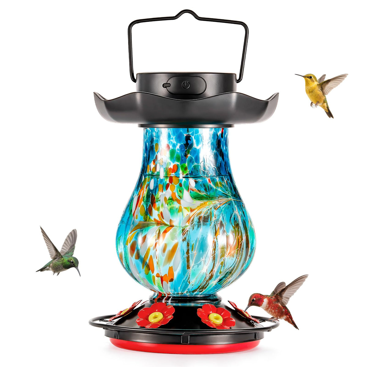DesGully feeder front view showing colorful glass and ports, attracts hummingbirds
