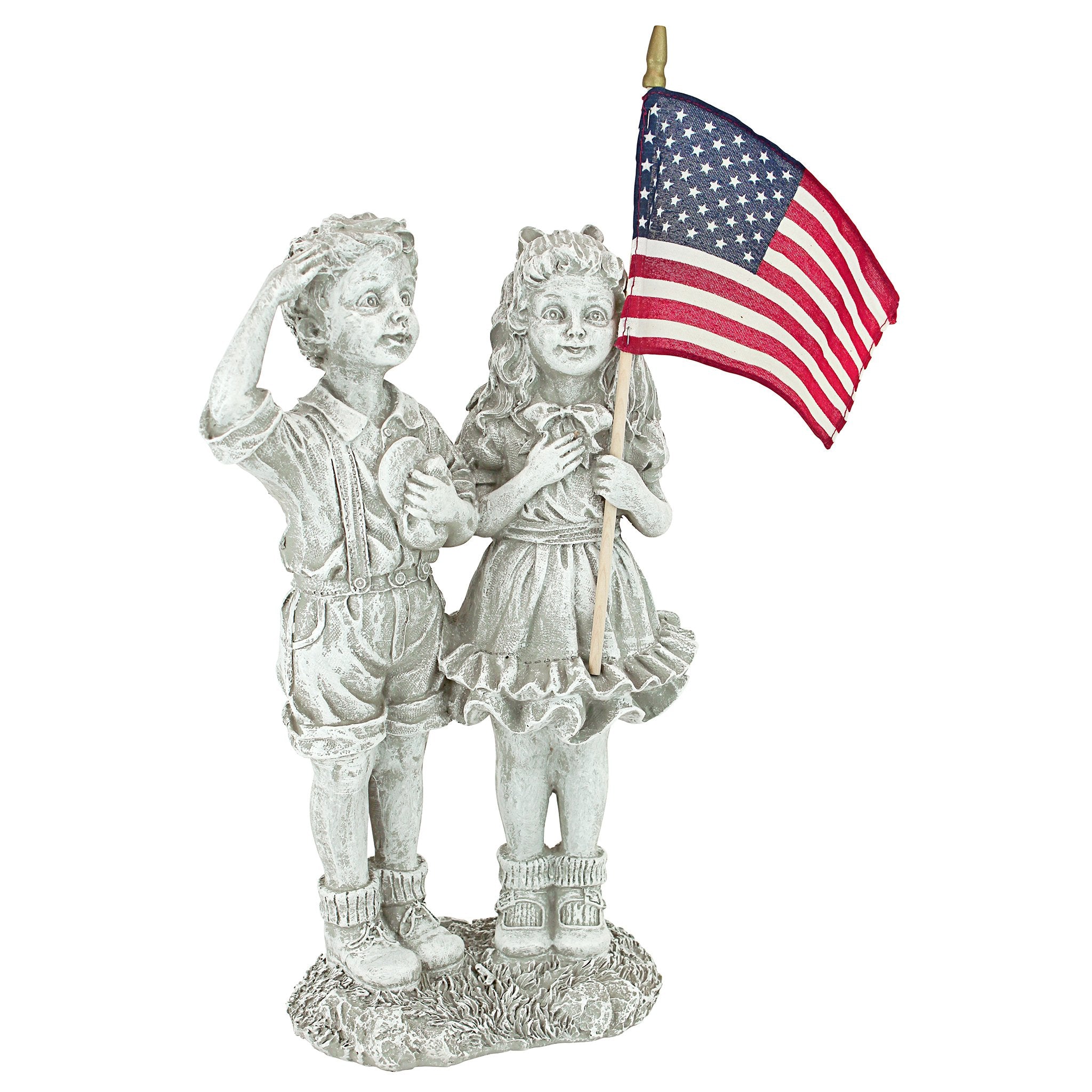Design Toscano front view of children statue showing patriotic pose and proud detail