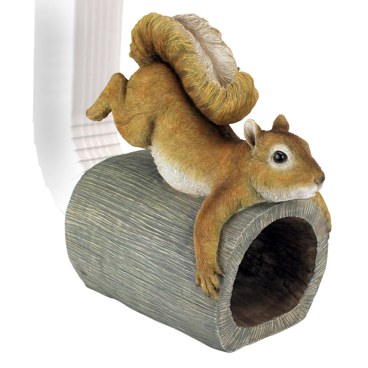 Design Toscano front view showing squirrel gutter sculpture and decorative detail