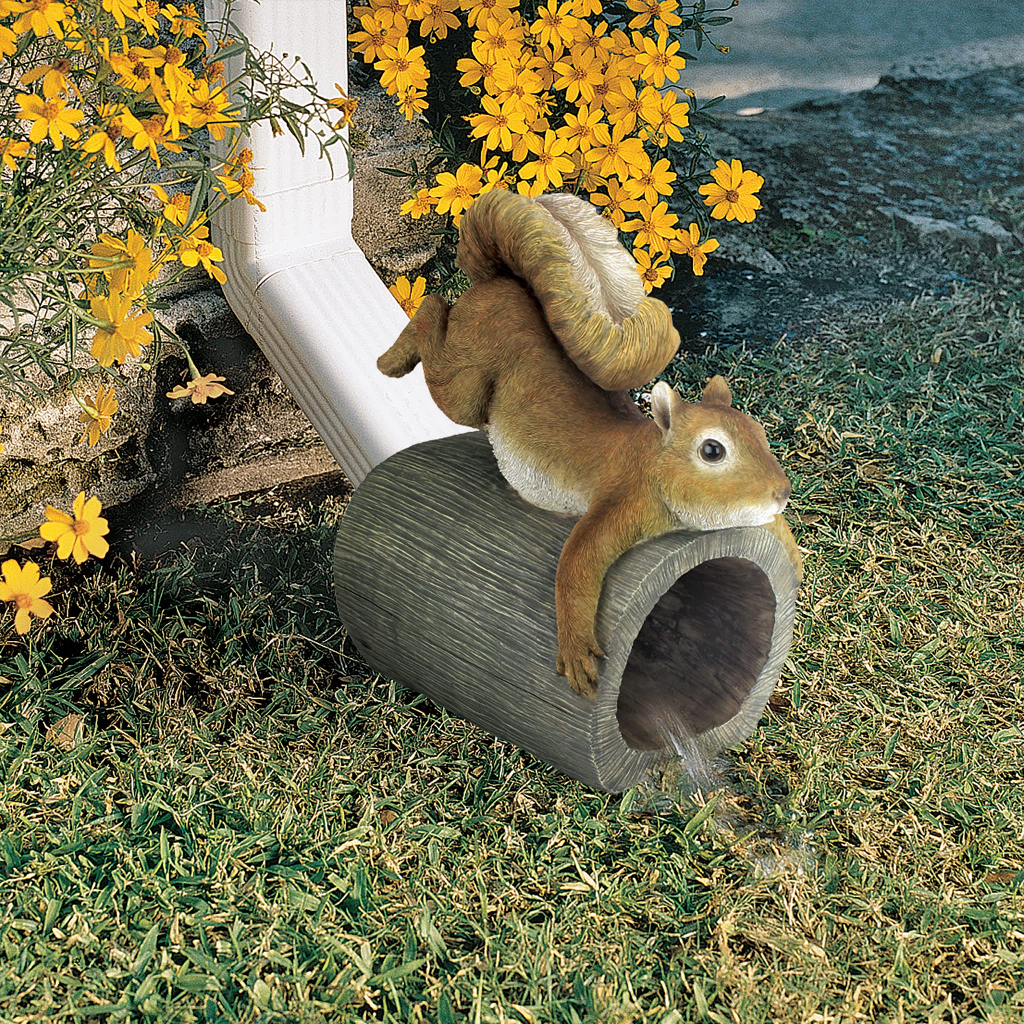 Design Toscano side profile highlighting squirrel shape and weather-resistant finish