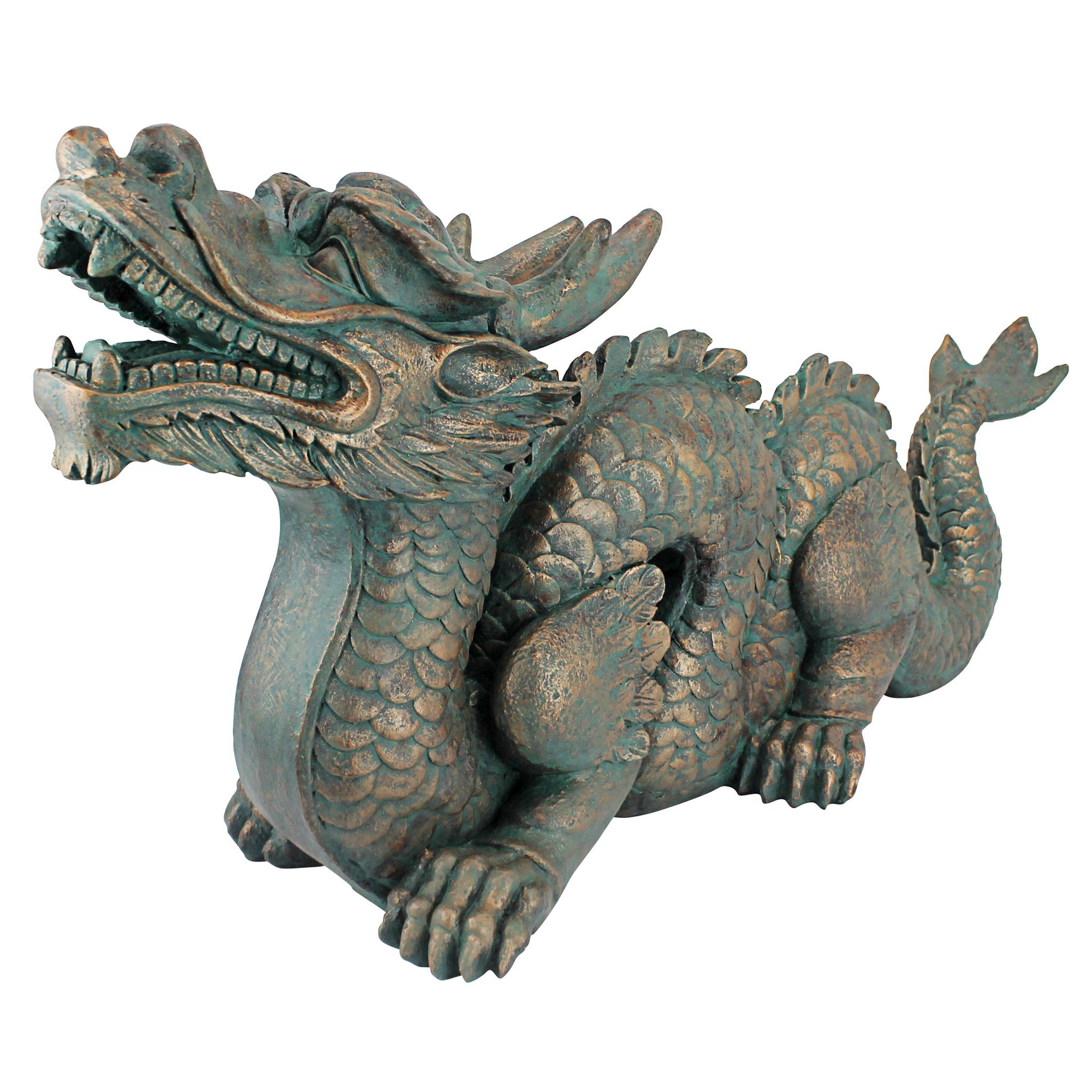 Design Toscano front view of dragon statue showing verdigris finish and focal impact