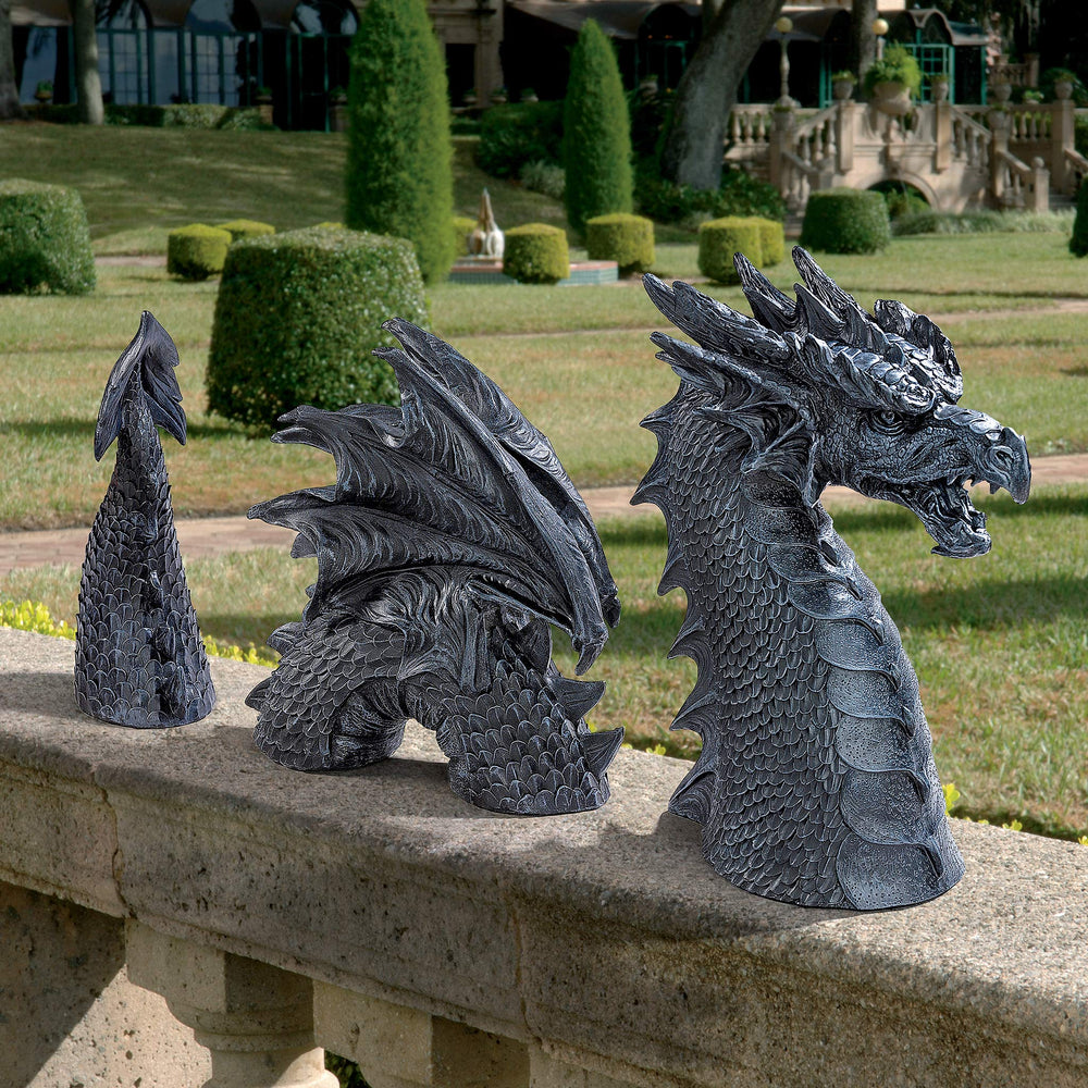 Design Toscano dragon beside shoes for size comparison and placement clarity