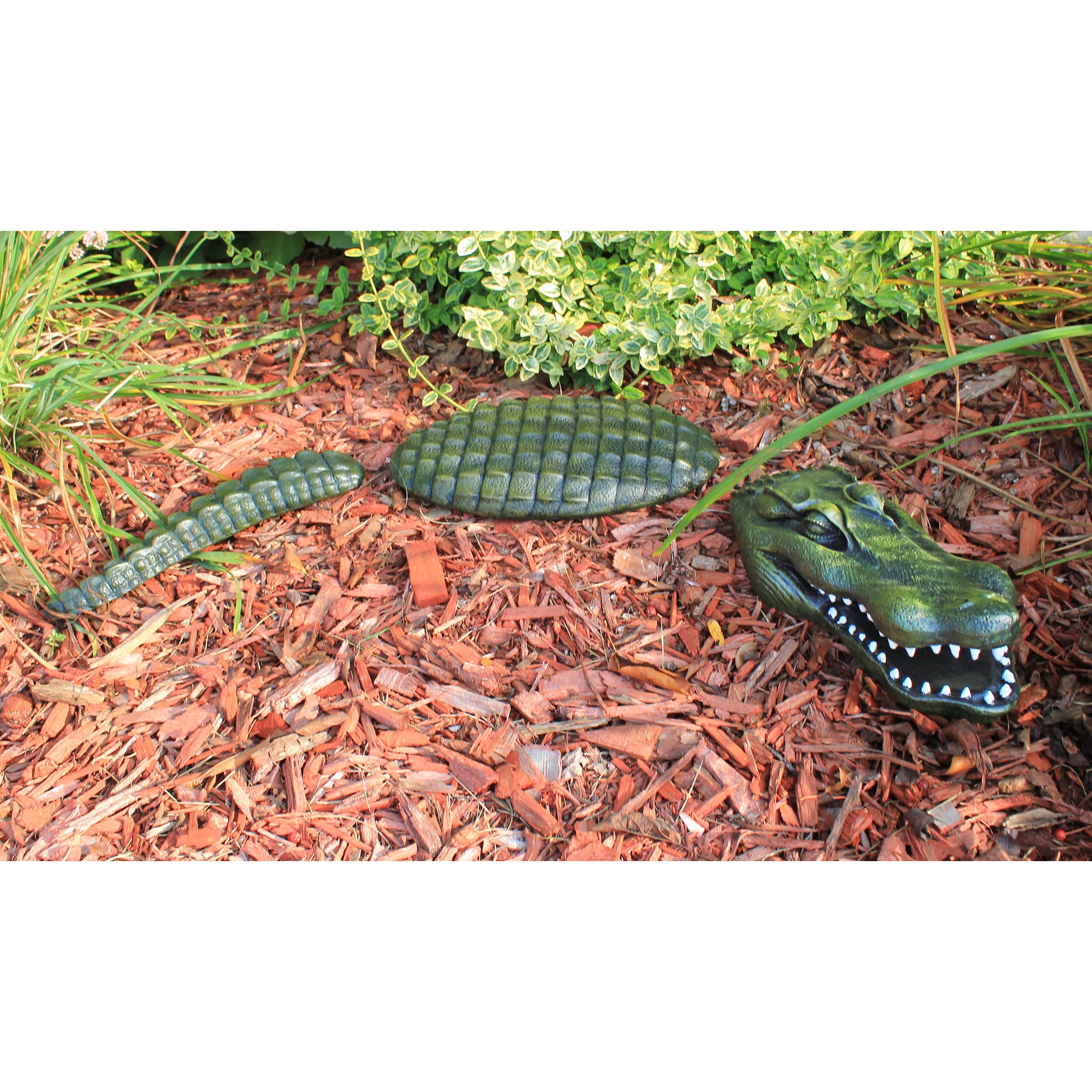 Design Toscano gator beside pond showing size comparison and decorative benefit