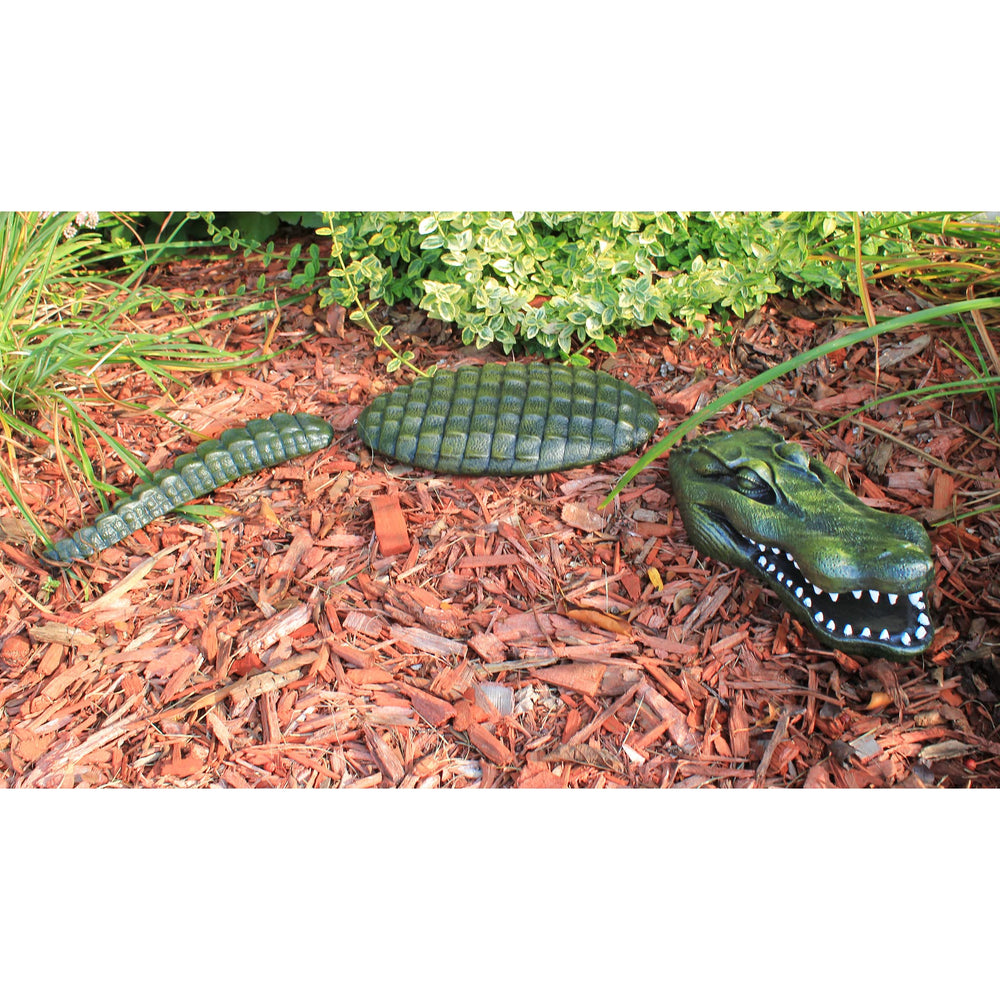 Design Toscano gator beside pond showing size comparison and decorative benefit