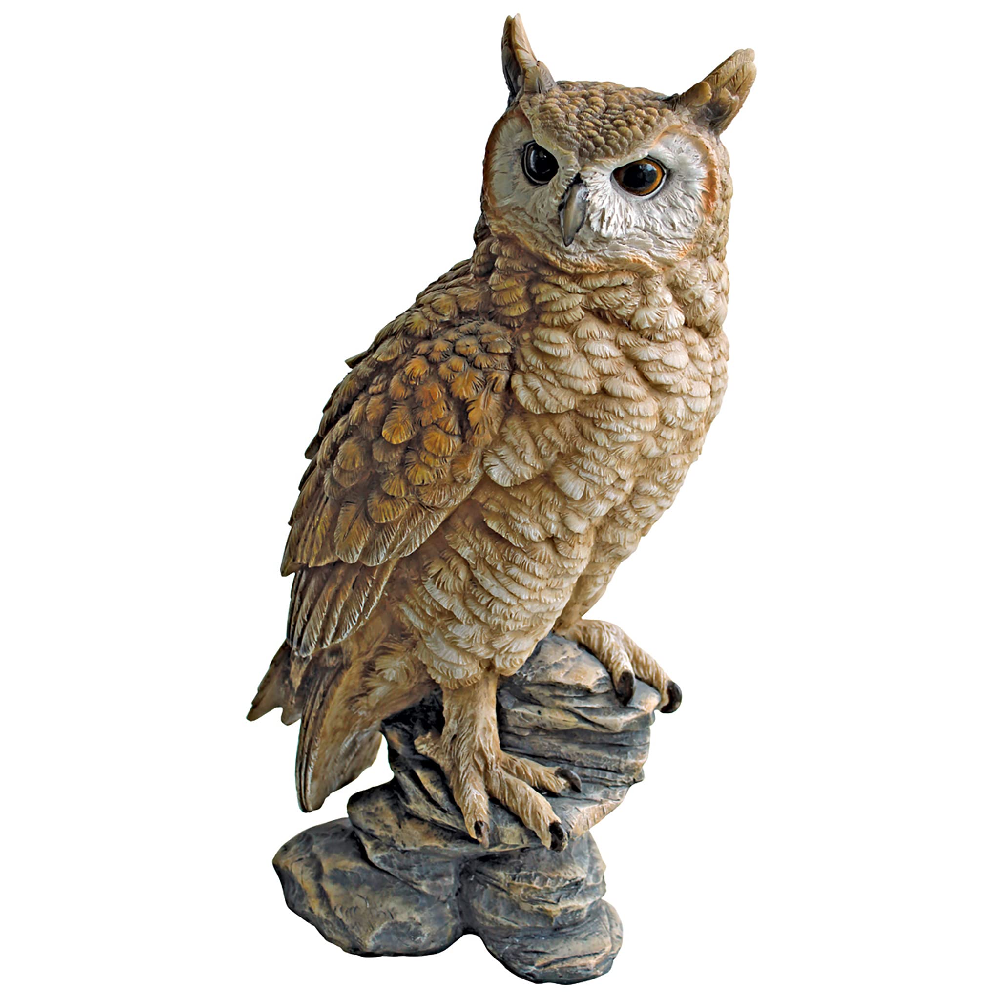 Design Toscano owl next to a hand for scale illustrating compact size and portability