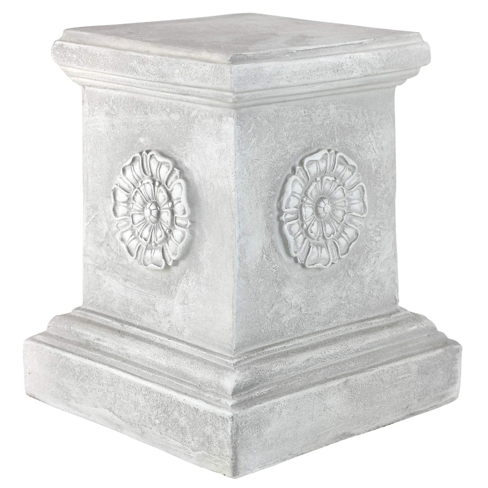 Design Toscano front view plinth showing full antique stone finish and elevation benefit