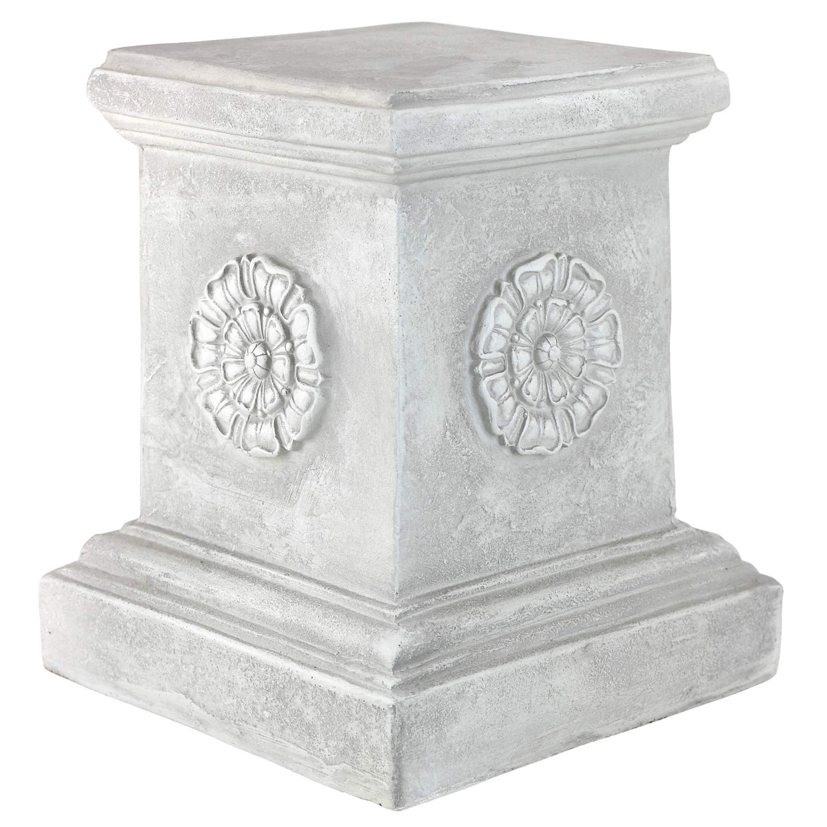 Design Toscano front view plinth showing full antique stone finish and elevation benefit