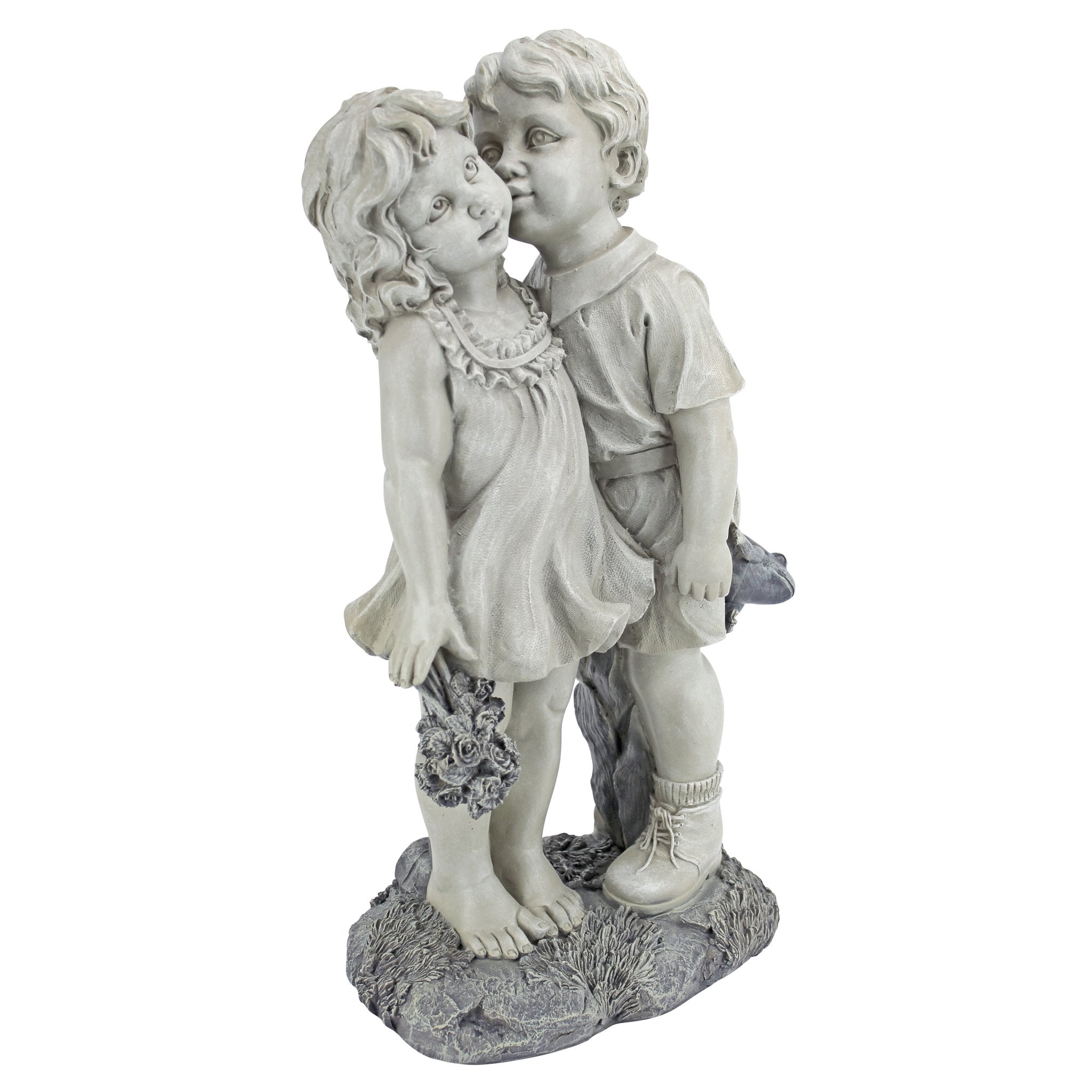 Design Toscano front view of kissing children statue showing welcoming porch charm