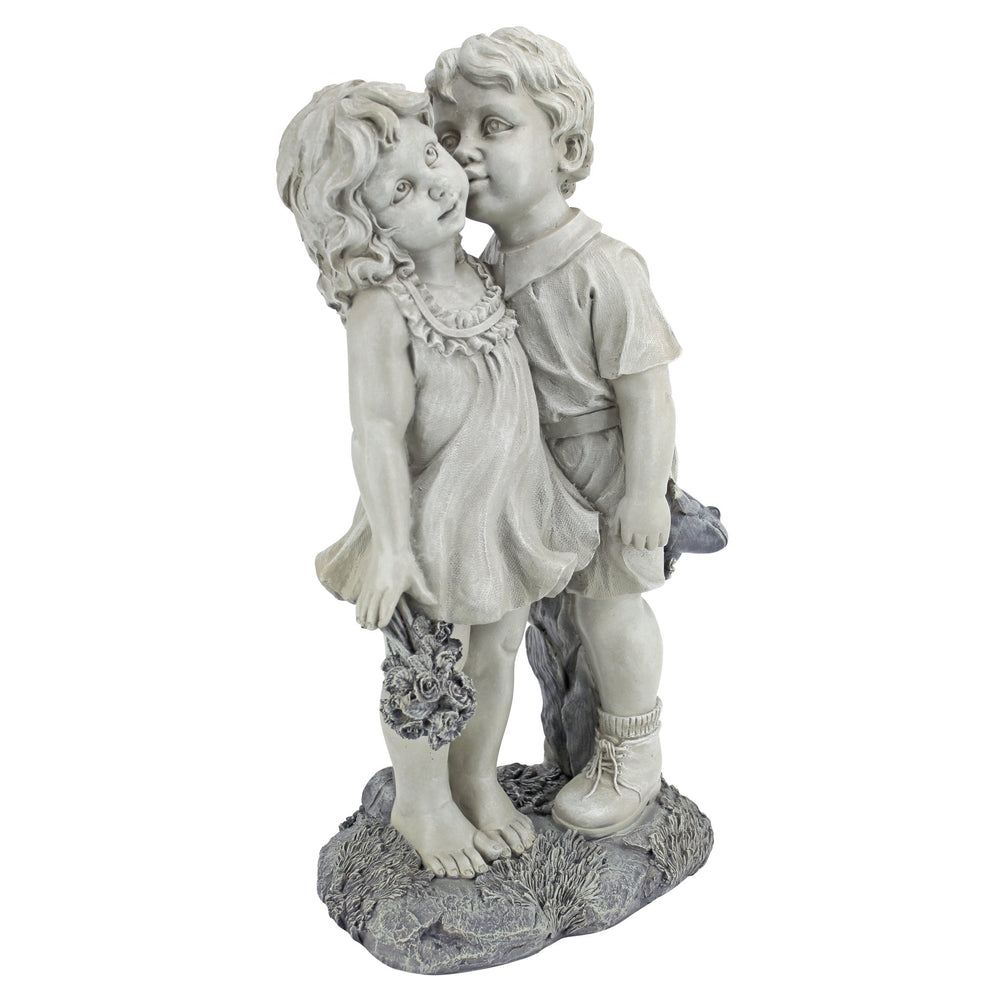 Design Toscano front view of kissing children statue showing welcoming porch charm