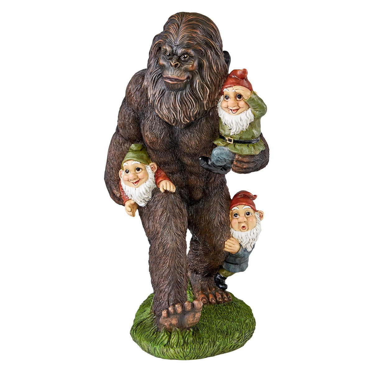 Design Toscano front view showing Bigfoot and gnomes, bright colors and cheerful appeal