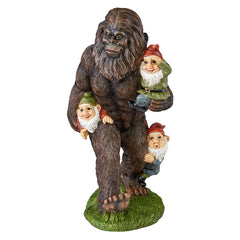 Design Toscano front view showing Bigfoot and gnomes, bright colors and cheerful appeal