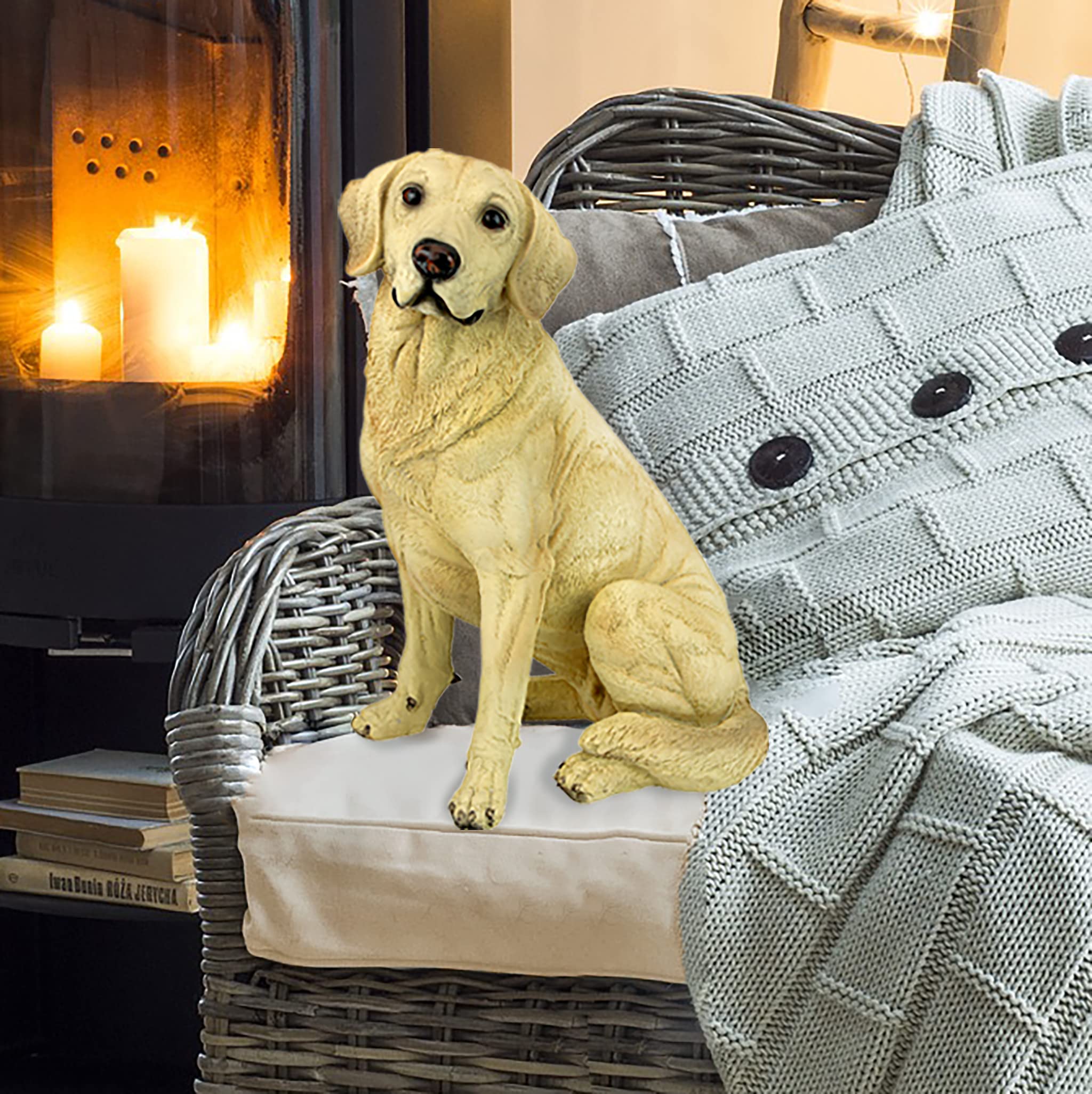 Design Toscano Golden Labrador styled on shelf as decorative indoor accent