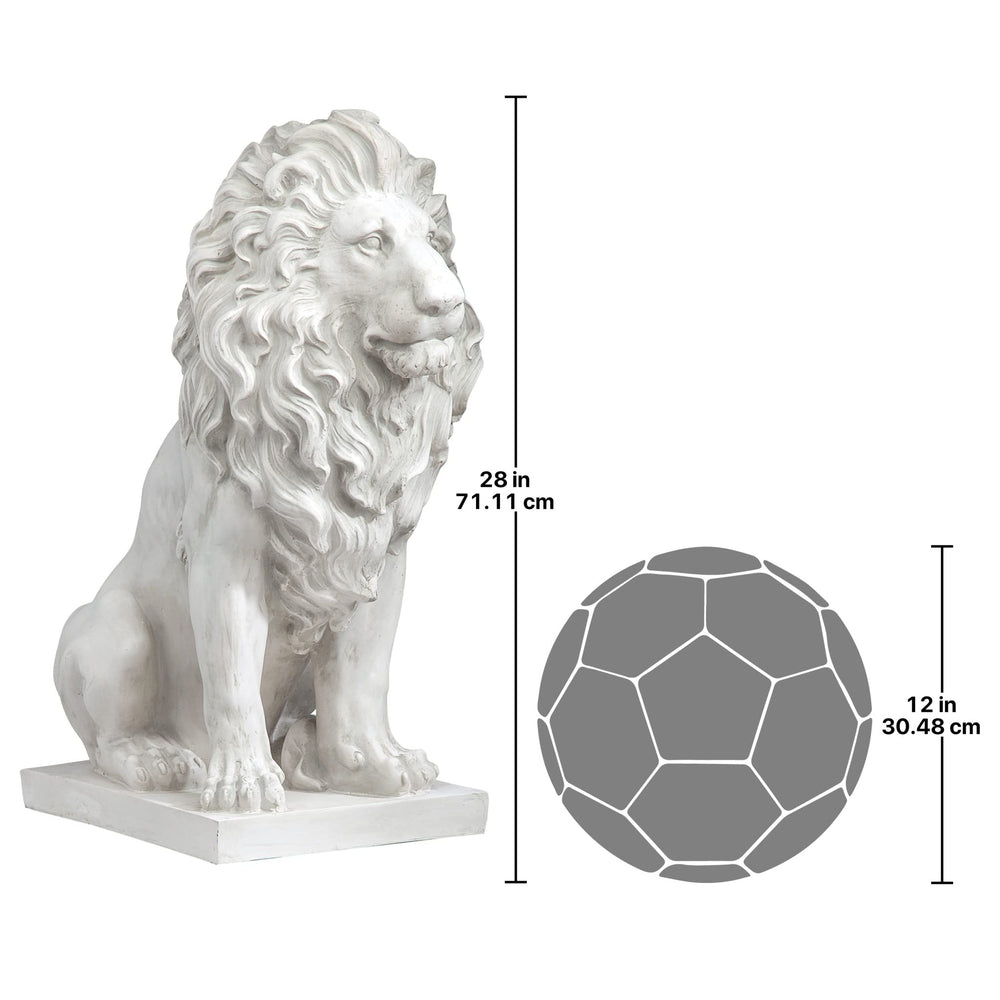 Design Toscano lion size comparison with chair showing manageable 21-pound weight