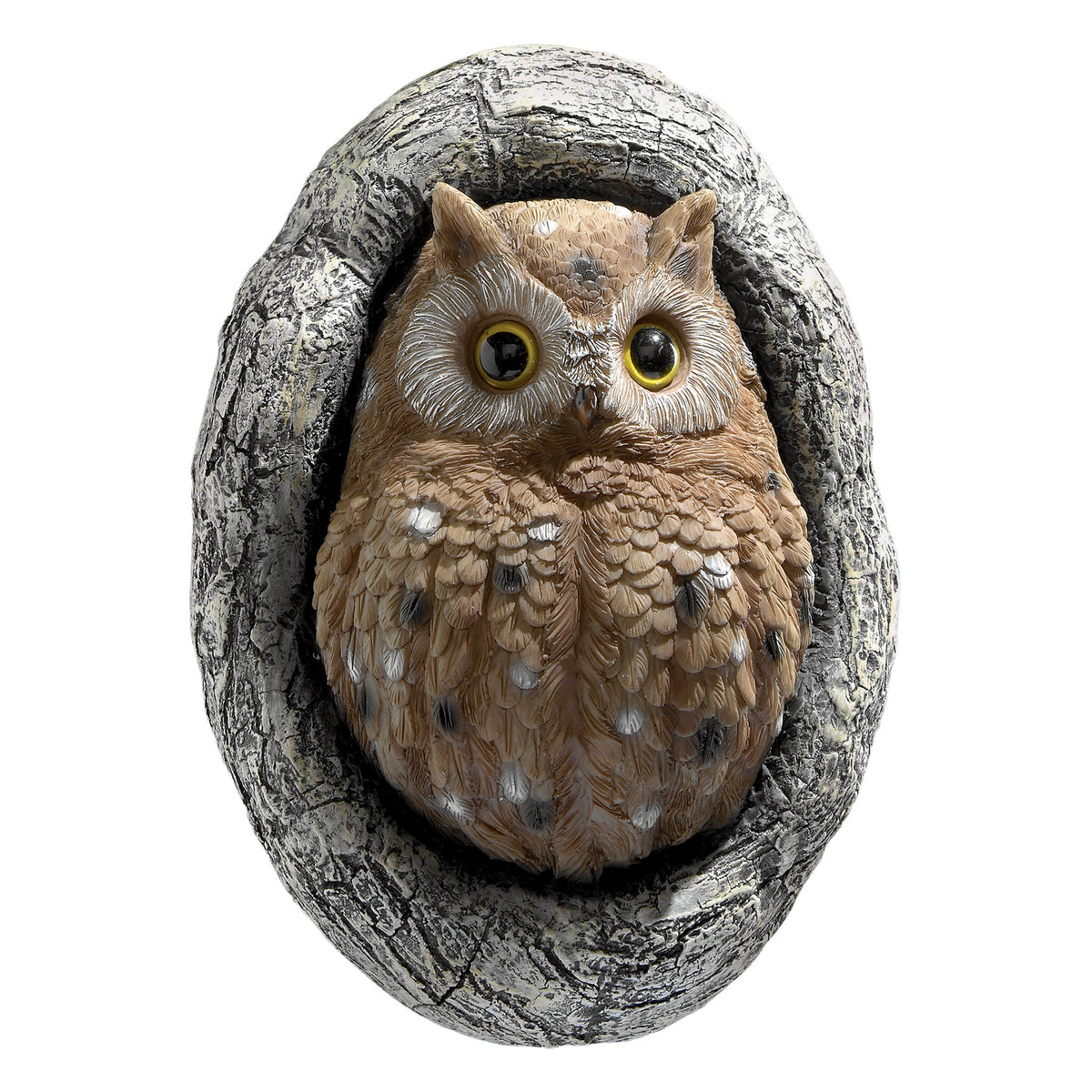 Design Toscano owl tree sculpture front view showing perched owl and trunk, adds whimsical focal point