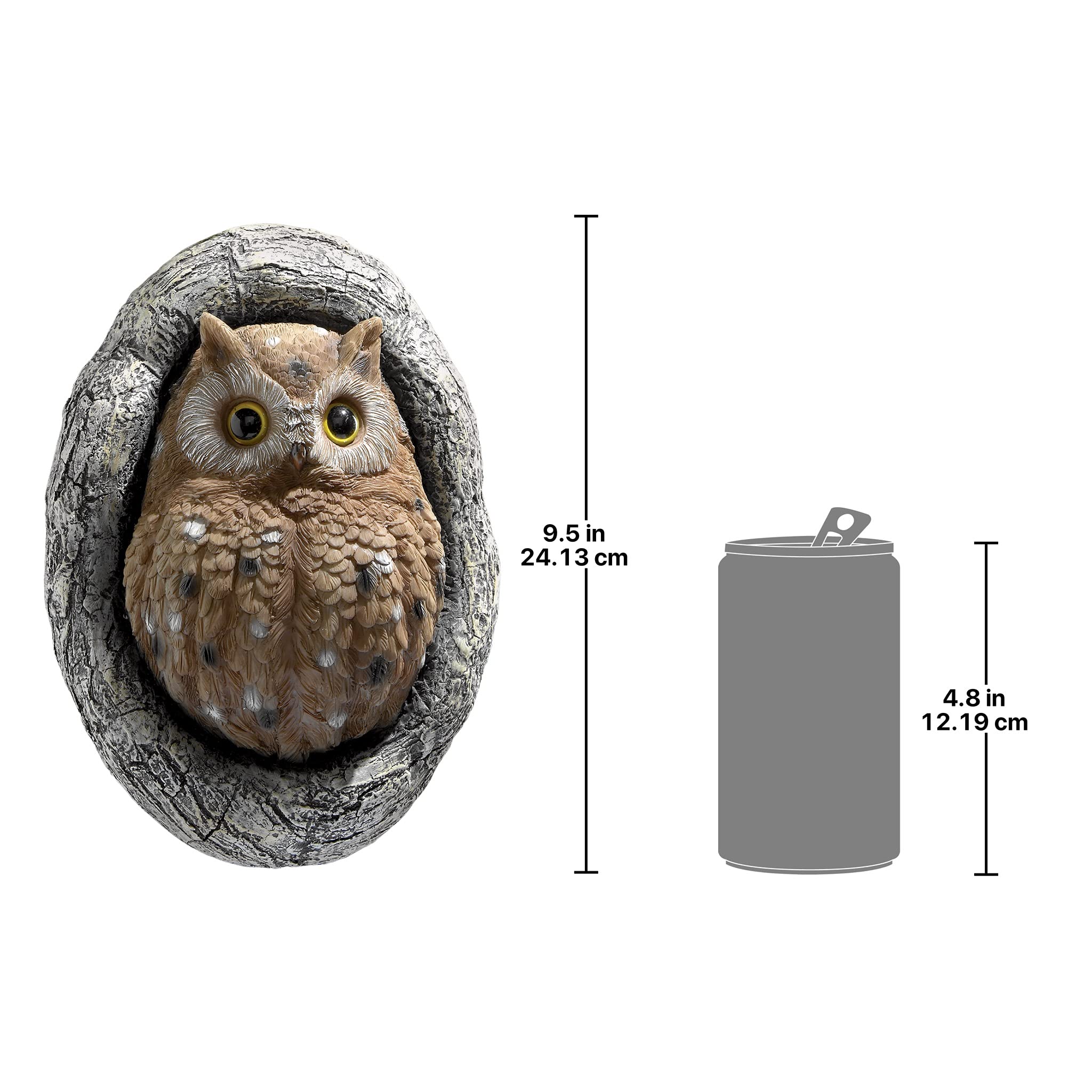 Design Toscano owl tree sculpture in a garden setting, demonstrates scale and outdoor styling benefit