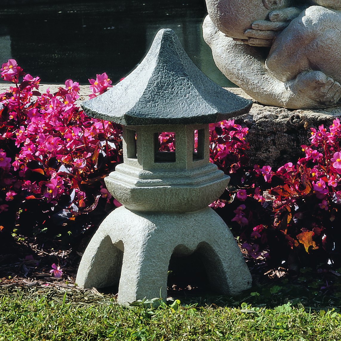 Design Toscano pagoda next to hand showing 17-inch scale and easy placement