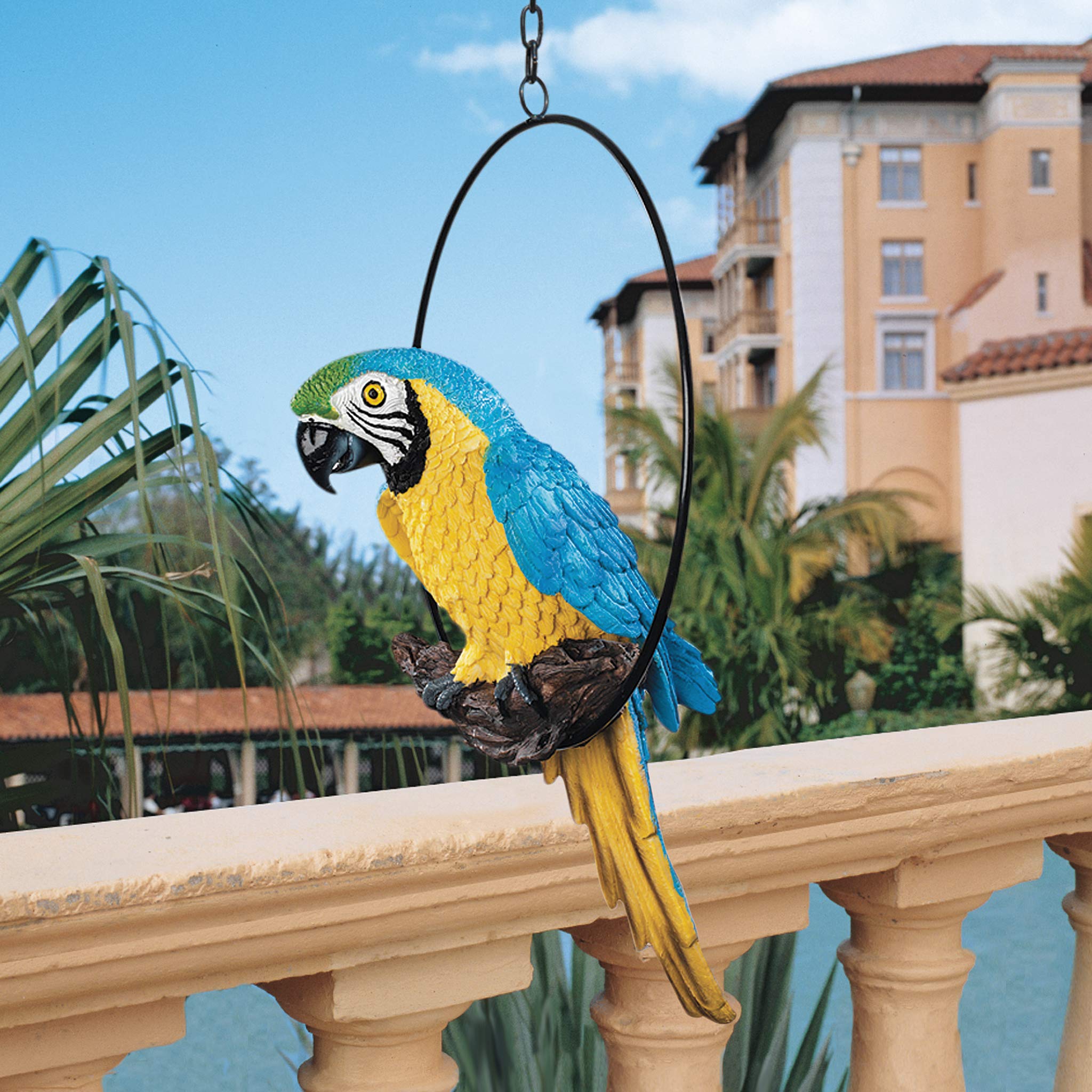 Design Toscano parrot metal ring and chain detail showing sturdy hanging hardware