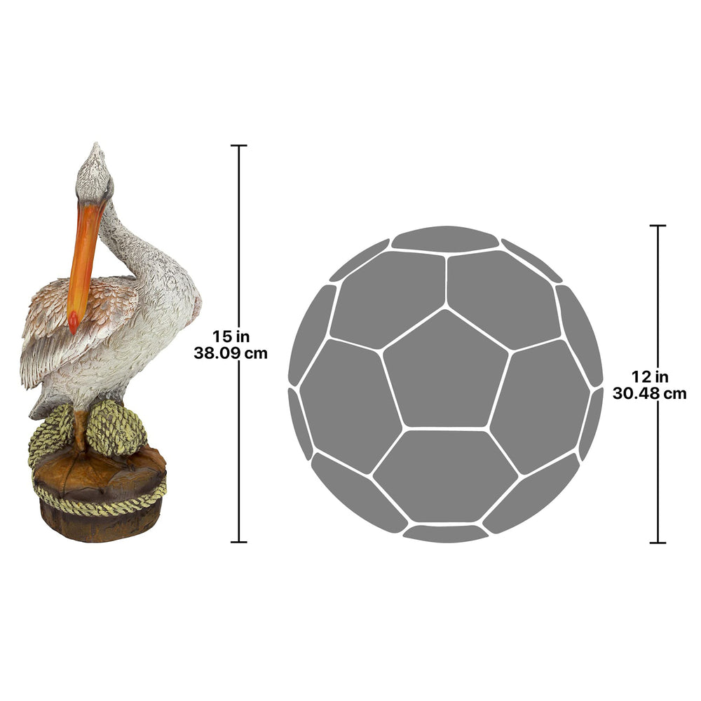 Design Toscano pelican with packaging showing dimensions and lightweight design