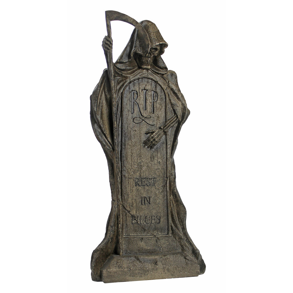 Design Toscano front view of Grim Reaper tombstone shows dramatic focal point and curb appeal