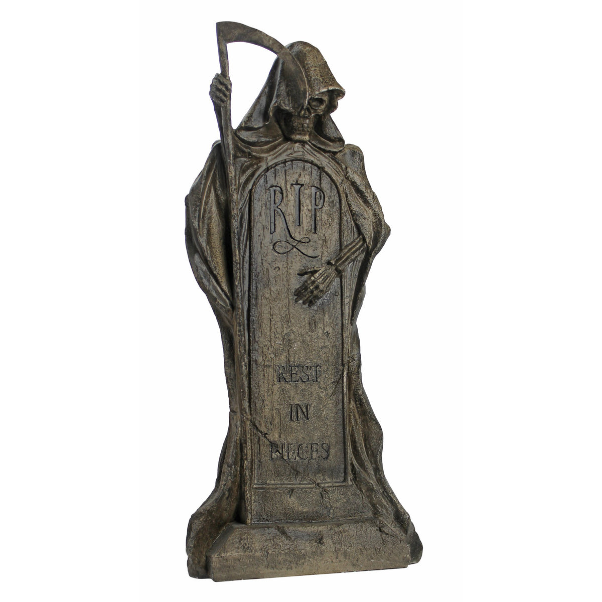 Design Toscano front view of Grim Reaper tombstone shows dramatic focal point and curb appeal